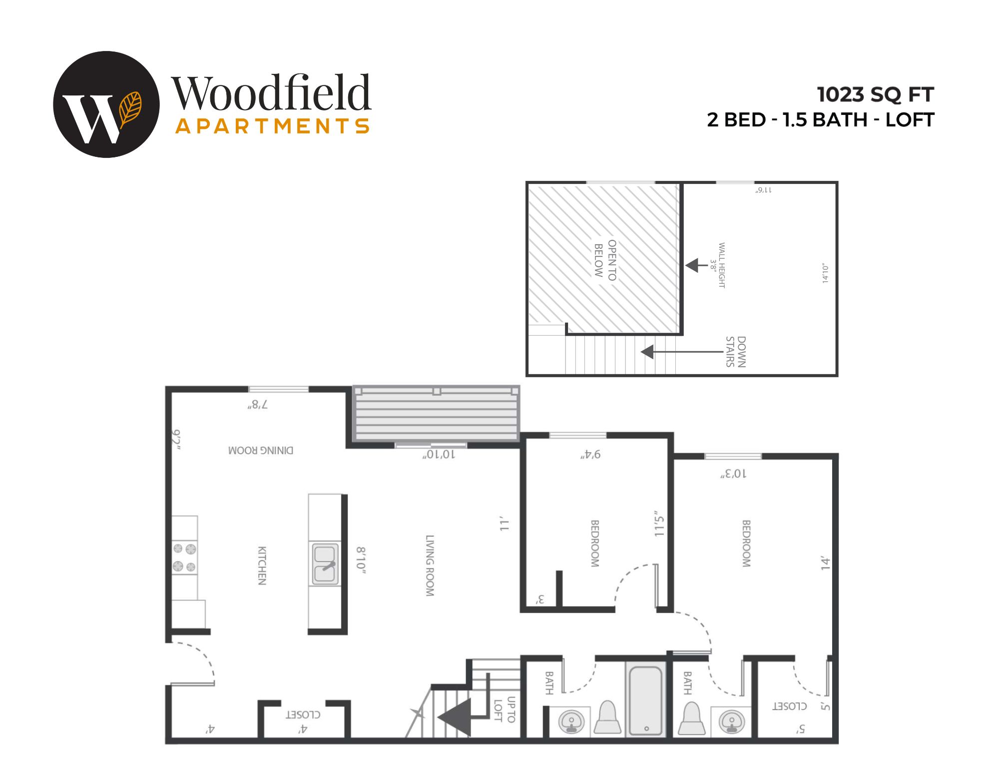 Floor plan for 2 beds, 1 bath, 1023 sqft